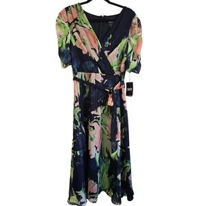 🆕️ NWT - DKNY Floral Chiffon Midi Dress Navy Coral Green Short Puff Sleeve 8